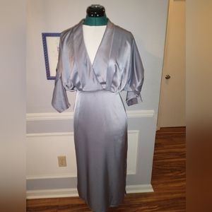 NWT Lina, Austen Satin V-neck midi small blue/gray